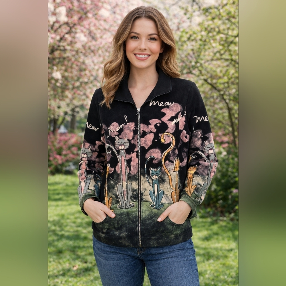 Jess & Jane- Cat Print Black Rhinstone Zip-Up Meow Jacket Size S